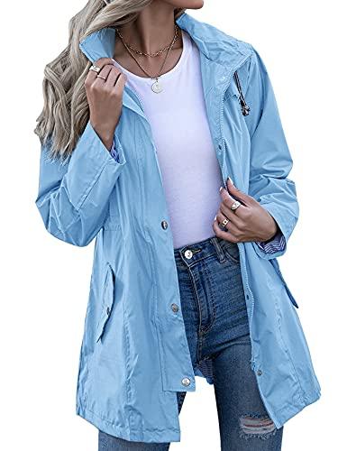Kikibell Women Raincoat Windbreaker Hooded Waterproof Active Outdoor Rain Jacket Light Blue Women 's Rain Jacket Trench Coat, M Kikibell Women Raincoat Windbreaker Hooded Waterproof Active Outdoor Rain Jacket Light Blue Women 's Rain Jacket Trench Coat, M