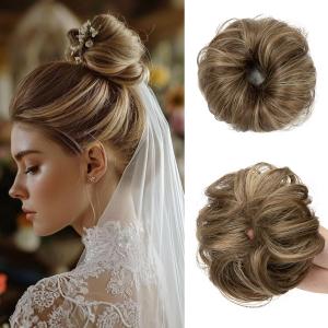 CJL HAIR 2PCs Small Cute Messy Bun Hair Piece for Thin Hair Women Mini Synthetic Curly Bun Scrunchies Updo Hairpieces Brunette/Ash Blonde