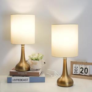 Boncoo Set of 2 Bedside Touch Lamps, 16 Inch Dimmable Small Nightstand Lamp, Night Light Lamp Simple Touch Table Lamp with Brass Metal Base for Living Room Bedroom Office, A19 3000K Led Bulb Included