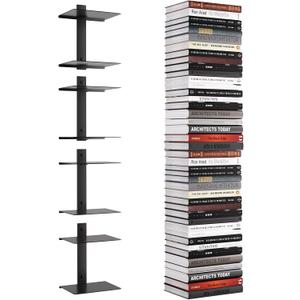 Invisible Floating Bookshelf for Wall, 8 Tier Vertical Spine Book Tower Wall Mounted, Heavy-Duty Metal Book Organizers for Home Office, 4 Pack Black