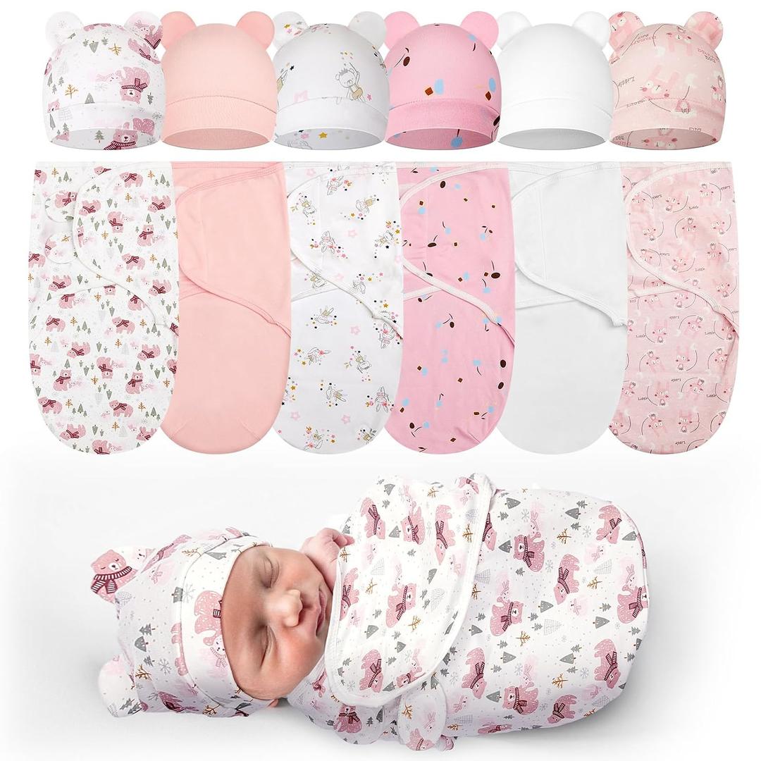 Ramede 6 Pack Preemie Swaddle Blanket with Hats Sleep Swaddle for Baby Boy Girl Preemie Newborn Sacks Soft Cotton Wearable , 18 (Bear,Pink)