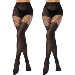 Faux Thigh High Tights for Women - Fishnet Gothic Pantyhose, High Waist Over-The-Knee Goth Leggings (Black)