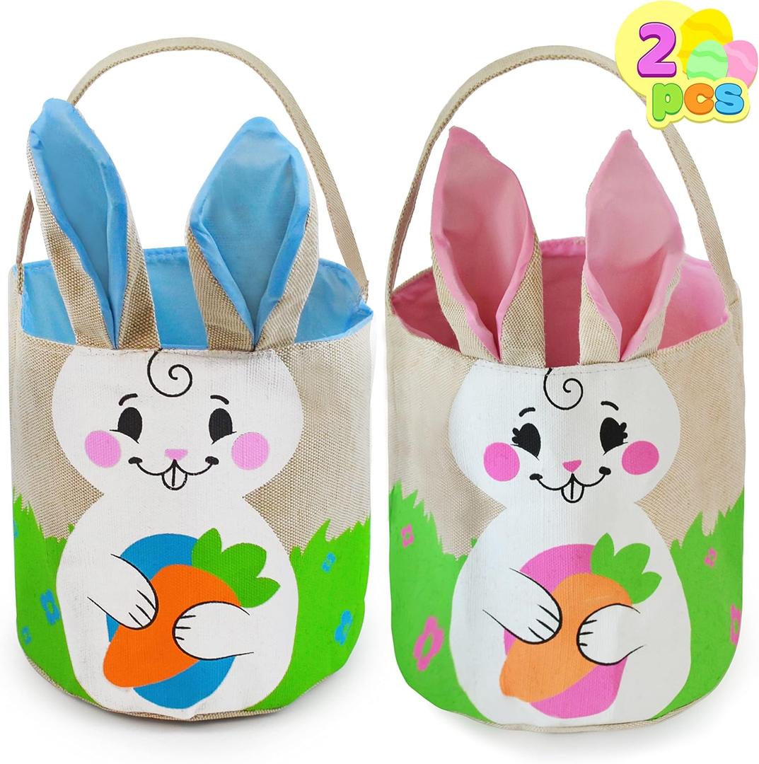 JOYIN 2 Pcs Easter Bunny Basket Set for Easter Eggs Hunt, Burlap Egg Tote Gift for Kids, Party Favor