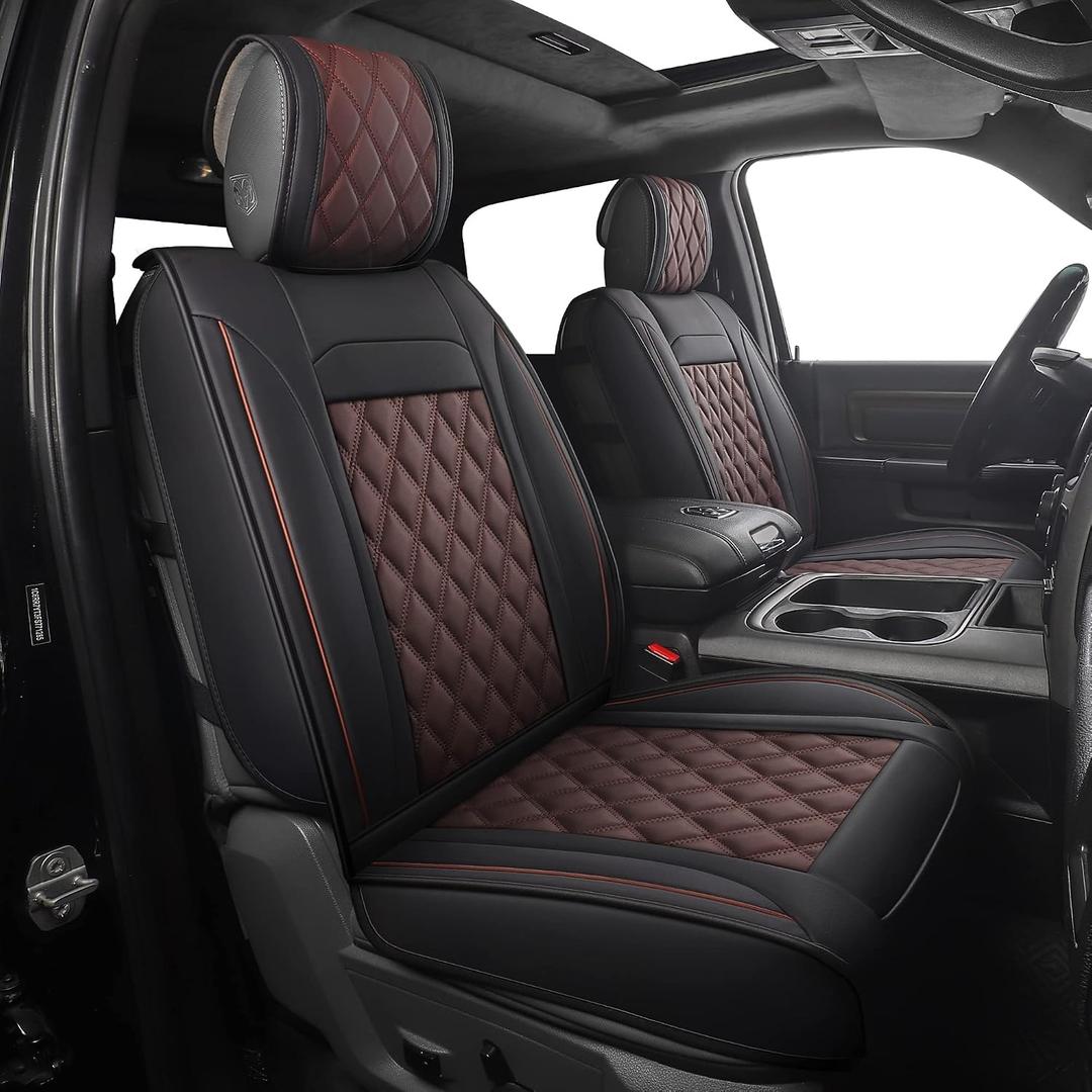 JOJOBAY Car Seat Covers for Dodge Ram, Fit 2009-2025 1500/2500/3500 HD Pick-up Truck, Crew, Regular, Quad, Mega Cab, Waterproof Synthetic Leather Seat Covers (2PCS-Front,Black-Brown)