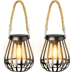 Solar Lanterns Outdoor Waterproof: Metal Hanging Lights for Outside with Rope for Garden, Yard, Patio, Porch, Balcony Decorations, Bright Hanging Solar Lantern Outdoor Decor Gifts for Women