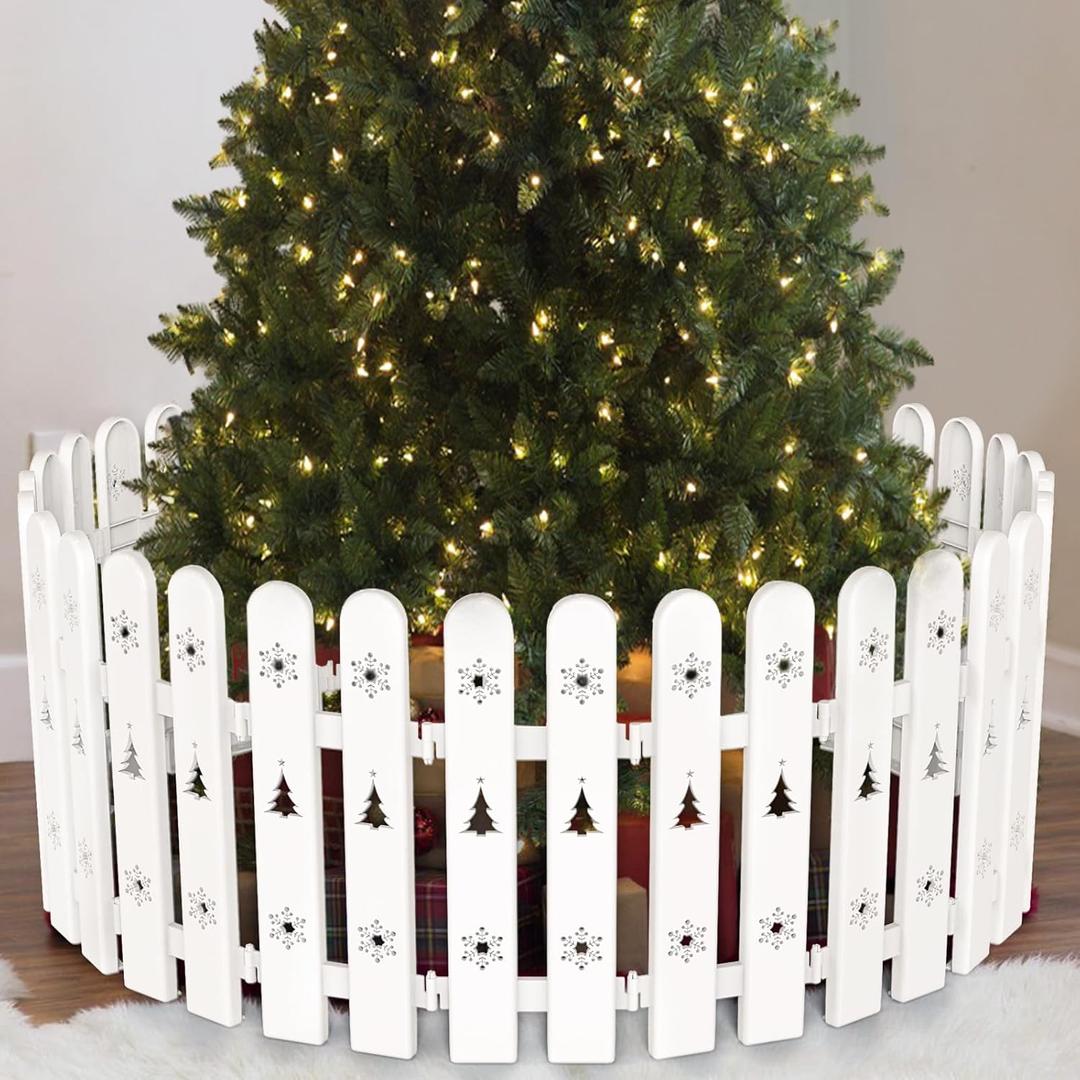 Christmas Tree Fence, 24 PCS White Picket Fence Holiday Decoration Around Artificial Real Xmas Trees, Plastic PVC Small Fence Panel Freestanding Barrier to Go, Toddlers Cats Proof, Overall 11"W x115"L