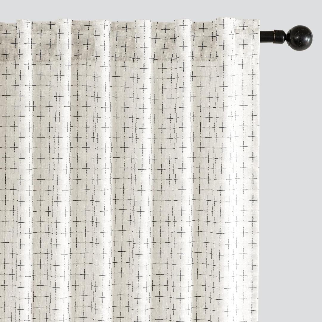 MIULEE Decorative Back Tab Linen Curtains with Geometric Pattern for Living Room Bedroom Farmhouse Rustic Thick Woven Textured Patterned Mudcloth Drapes 96 Inches Long 2 Panels Set, Pure White