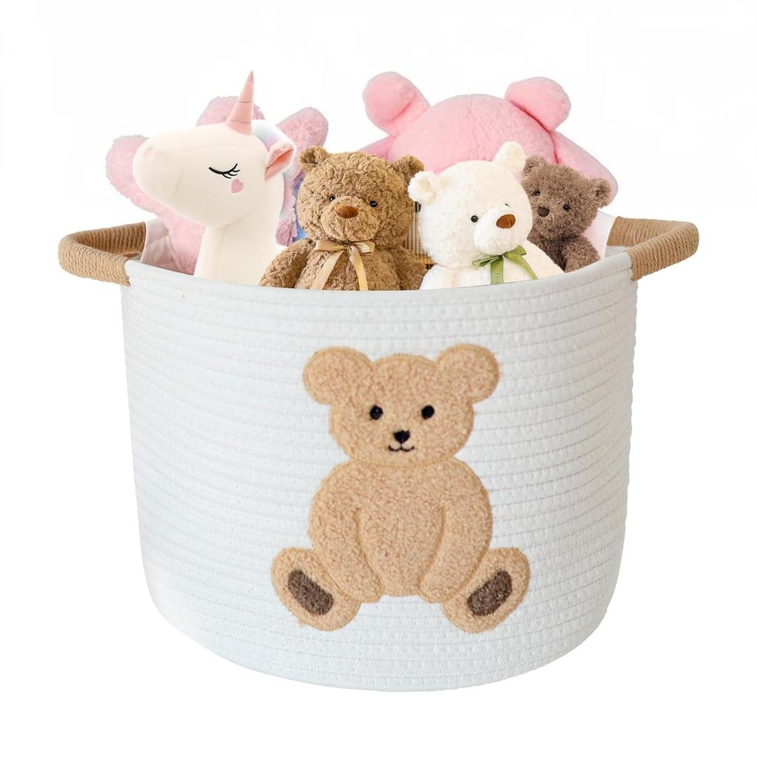 INough Cotton Rope Basket Toy Storage Baskets for kids Laundry Hamper, Gift Basket Empty Baby Shower Baskets with Handles, Cute Bins Blanket Stuffed Animal Storage for Nursery, Living Room Decor, Bear (Medium)