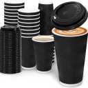 100 Pack 16 oz Coffee Cups with Lids, Disposable Insulated Hot Cups To Go Paper Coffee Cups, Corrugated Ripple Wall Cup for Hot Drink, Office, Coffee Bar (Black 16 oz)