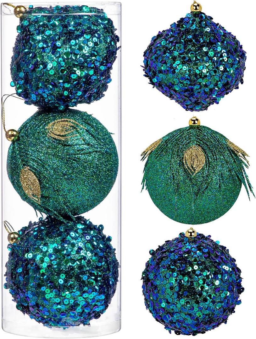 Briful 3.93'' Christmas Ball Ornaments Xmas Tree Decorations, Elegant Peacock Blue Christmas Ornaments for Home Decor Indoor Garland Holidays  Set of 3 Unique Designs