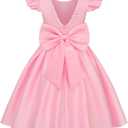 Uhnice Flower Girl Satin Dress with Pearls Flutter Sleeves V Back Gown with Removable Bow for Wedding Birthday Party (4-5T, Pink)