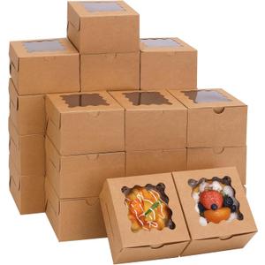 Moretoes 120pcs Cookie Boxes with Window, 4x4x2.5 Inches Brown Bakery Boxes Pastry Container Bulk for Small Cookies, Treats and Desserts