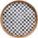 14-inch Rattan Checkered Tray with Mother of Pearl, Round Coffee Table Tray Decor, Round Wicker Boho Decorative Woven Serving Tray (Checkerboard)