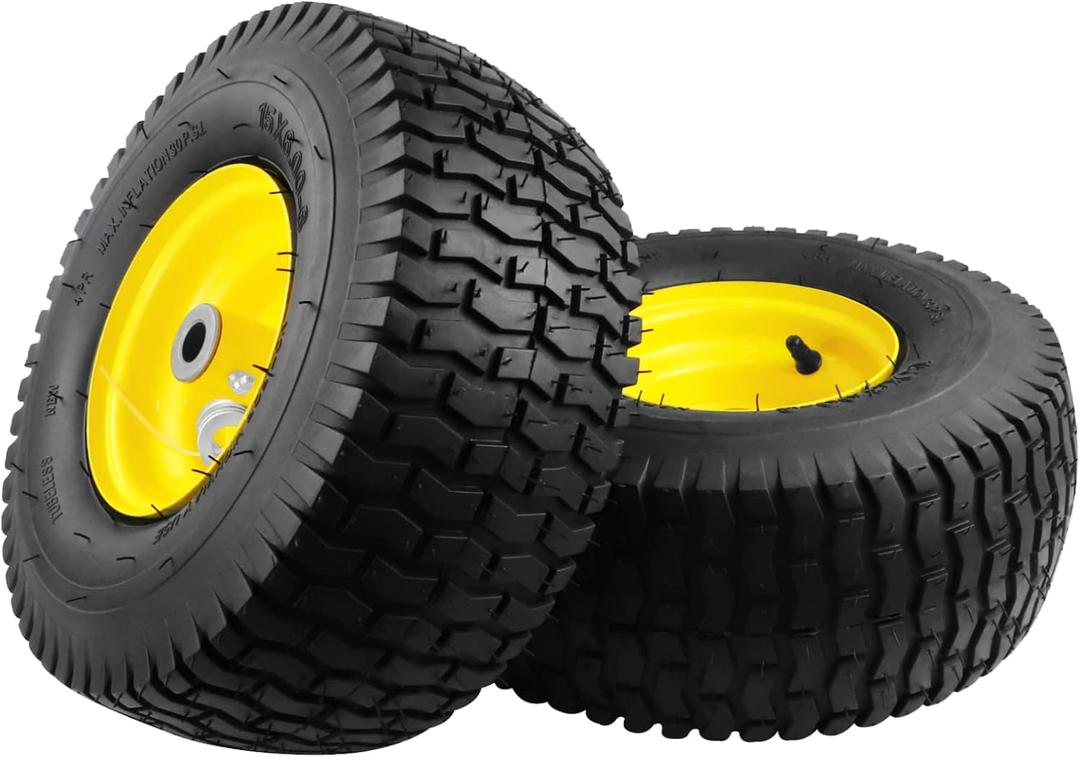2PCS 15x6.00-6 Lawn Mower Tires, 4 Ply Tubeless 15x6-6 Front Tire Assembly Replacement for Craftsman/John Deere/Cub Cadet Riding Mowers,570lbs Capacity,3" Offset Hub,3/4" Bushing
