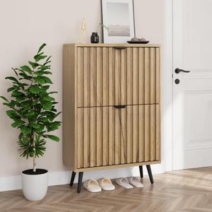 Smuxee Shoe Cabinet with 2 Flip Drawers, 23.6" Natural Hidden Shoe Storage Cabinet with Fluted Design, Freestanding Shoe Organizer Cabinet for Entryway, Hallway, Closet, Living Room