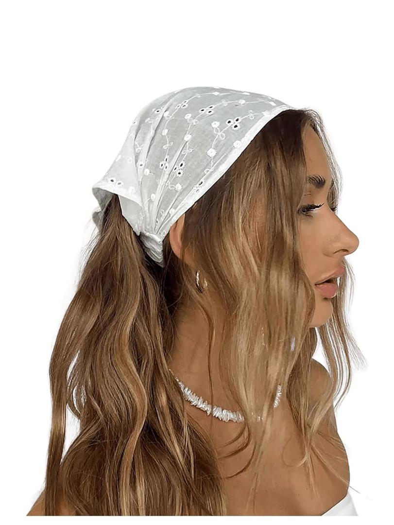 OYOANGLE Women's Hair Scarf Boho Eyelet Crochet Bandana Headbands Head Scarfs Hair Accessories White One-Size