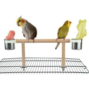 Bird Feeder & Water Dish Set, Beech Wood Made Cage Top Bird Feeder Perch with Stainless Steel Cups, Playground Accessories for Parrots Cockatiels Finches