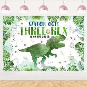 6x4ft Kids 3rd Birthday Backdrop Cartoon Dinosaur Jungle Forest Photography Background Palm Leaves Watch Out Three-rex Boy Girl Three Years Old Birthdays Party Photo Booth Props