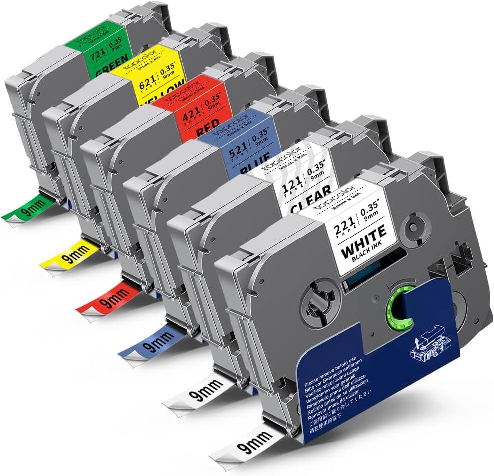 6-Pack Tz 9mm 0.35" Laminated Tape Compatible for Brother Tze-221 Tze-121 Tze-421 Tze-521 Tze-621 Tze-721 P Touch Tze 3/8 Inch Label Maker Tape for PTD200 PTD210 PTH110 PTD220 PTD600 PTD400AD (Black on Clear/White/Red/Blue/Yellow/Green)