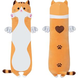 Cute Long Cat Plush Body Pillow, Kawaii Cat Plushie Toys Cuddle Cartoon Stuffed Animals Soft Kitten Throw Pillow Doll Gift for Kids Girls Boys (43.3", Orange)