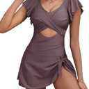 Yonique Women Swimsuits with Skirt - One Piece Tummy Control Swim Dress Cutout Bathing Suits L
