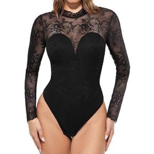 Popilush Long Sleeve Body Suits Womens Tummy Control Open Back Sheer Top Built in Bra Turtleneck Lace Shapewear Bodysuit M