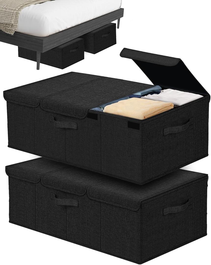 Deep Under Bed Storage Container, 10" Tall Height Underbed Box Bin with Lids 31" Long Large Basket for Under Bed, Bedroom, Dorms, Clothes, Bed sheets, Blankets, 2 Pack, Black
