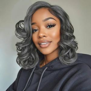 quickwig Short Loose Wave Bob Wig Side Part Body Wave Wigs Salt & Pepper Curly Wavy Wig for Women Grey Wigs Glueless Lace Part Synthetic Hair (16 Inch, Mixed Grey)