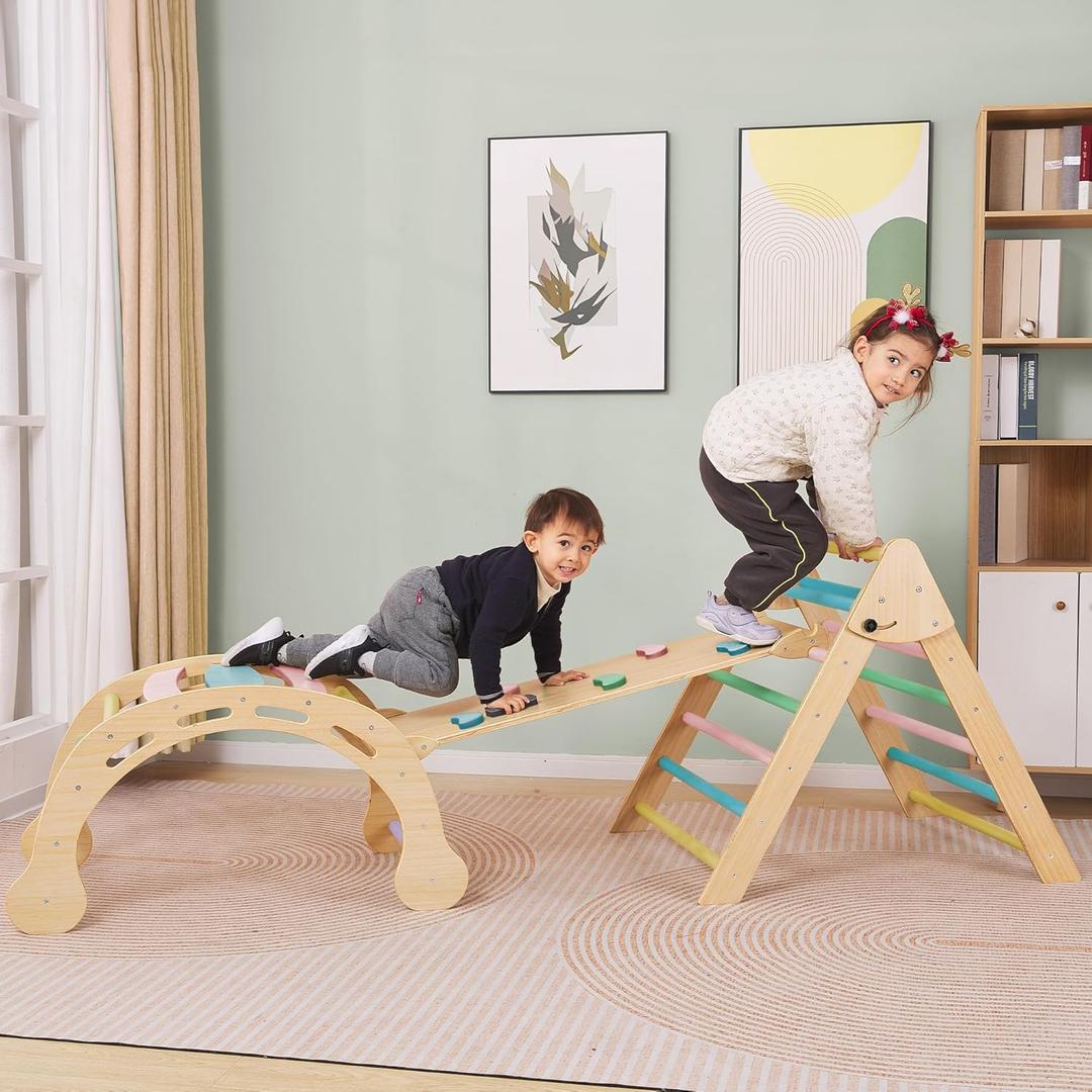 Colorful Pikler Triangle Set Montessori Climbing Toys for Toddlers 5 in 1 Indoor Playground Foldable Baby Climbing Gym Jungle Gym for Kids 1-6 (Large)