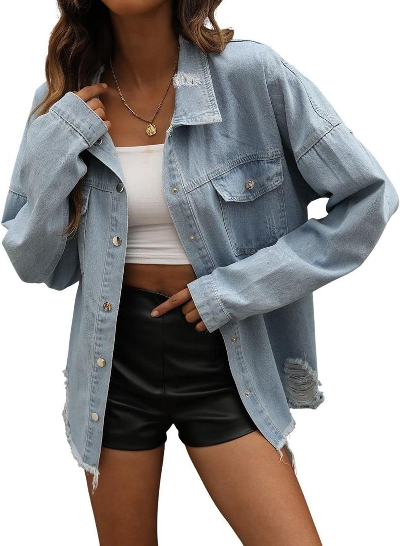 happlan Women's Ripped Distressed Casual Denim Jacket Jeans Coat Plus Size Oversize (Medium)