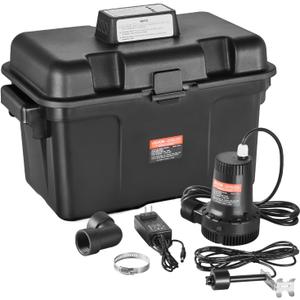 VEVOR Basement Emergency Back-Up Sump Pump, 2000GPH 0.17 HP Backup Sump Pump System, with 15V Adapter, Float Switch, 24-Hour-a-Day Monitoring Controller, Alerts, and Charger, Black