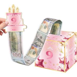 Joycard 9th Birthday Money Box for Girl or Daughter, 9 Years Old Birthday Decorations, Fun Pull-Out Cash Gift Box for Parties, Ideal for 9th Birthday Surprises （with 35PCS Bags）