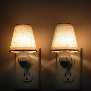 Vintage Plug-in Night Light with Switch, 2-Pack 0.5W LED Night Lights Plug into Wall Socket, Soft Warm Baby Nursery Nightlight with Linen Fabric Lamp Shade for Adult Kids Room Bathroom Hallway