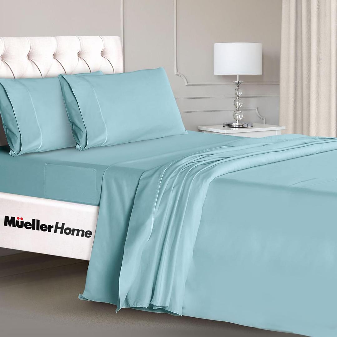 Mueller Luxury 4 Piece Twin XL Sheet Sets - Ultra-Soft 1800 Series, Cooling & Breathable Twin XL Bed Sheets, Hotel Quality Bedding, Deep Pocket up to 16" - Hypoallergenic, Wrinkle-Resistant, Aqua (Twin XL, Aqua)