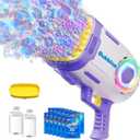 Play-Act Bubble Machine Guns, 69 Holes Bazooka Rocket Shape Bubble Gun for Kids Adults, Colored Lights Blaster Blower with Solution Outdoor, Summer Toys, Party Favors, Wedding, Easter-Purple