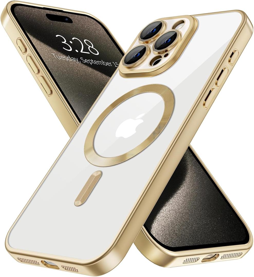 Hython Magnetic Clear for iPhone 15 Pro Case with Camera Lens Protector [Compatible with MagSafe] Luxury Plating Edge Slim Soft TPU Cover Protective Phone Case for iPhone 15 Pro 6.1", Matte Gold