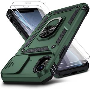 for iPhone XR Case, iPhone XR Phone Case with 2X HD Screen Protector + Slide Camera Cover,[Military Grade] 16ft. Drop Tested Protective Case with Magnetic Ring Kickstand, Pine Green