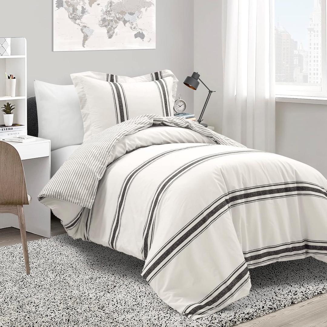 Lush Decor Farmhouse Stripe Reversible Cotton Duvet Cover Set, 2 Piece Set, Twin XL, Black - Twin Bedding Set - Dorm Decor - Striped Duvet Cover For Kids Or Teens - Farmhouse Bedroom Decor