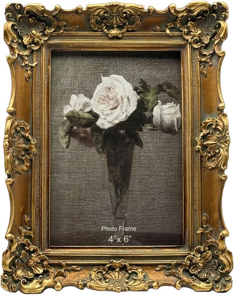 CISOO 4x6 Vintage Picture Frame, Antique Ornate Bronze Gold Photo Frame, for Table Top and Wall Display, Decorative Floral Design Retro Home Decor, Photo Gallery Art