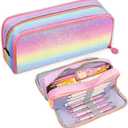 Glitter Rainbow Pencil Case, Large Capacity Pencil Pouch Pen Bag Organizer with 3 Compartments for Students School Office Supplies Back to School Gifts
