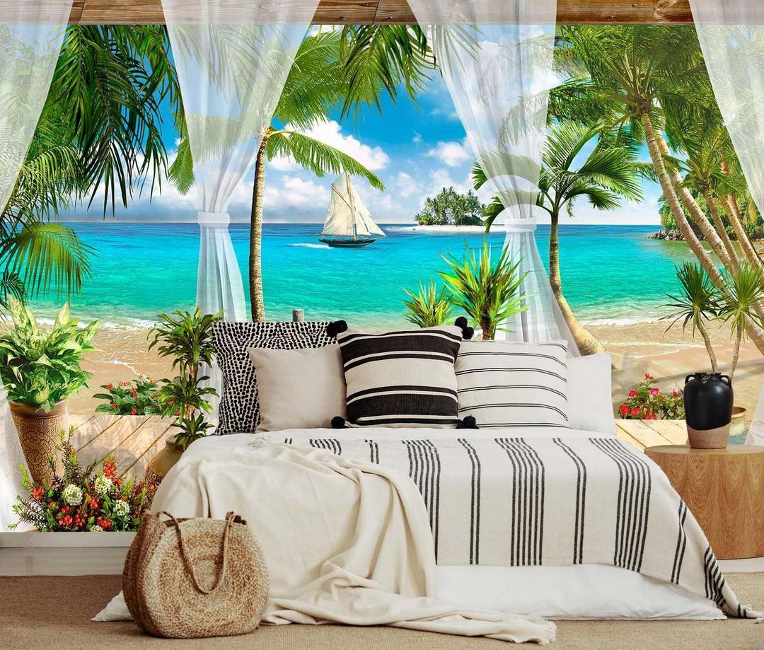 Jdayda Tropical Beach Seascape Wallpaper Mural Blue Seawater Palm Tree Wall Mural for Bedroom Livingroom(Not Self-Adhesive),127" x 96"
