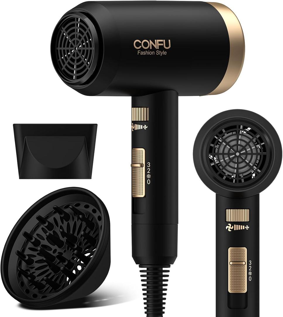 Hair Dryer, CONFU Blow Dryer with Diffuser, 21000PRM Professional Hairdryer, Portable Lightweight Fast Drying Negative Ionic Blow Dryer, Hair Diffuser for Curly Hair for Home Travel (Black)