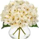 Hollyone Fall Hydrangea Artificial Flowers for Decoration with Glass Vase White Silk Fake Flower Arrangement with Faux Water Autumn Table Centerpiece Vase with Flowers Fall Decorations for Home