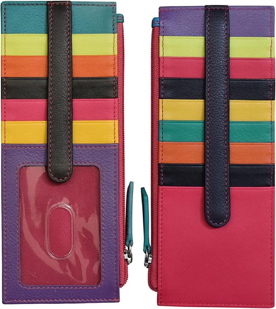 ili New York Long Double Sided Slim Wallet, RFID Blocking Card Holder with ID Window and Side Zip Pocket for Men and Women, Black Brights