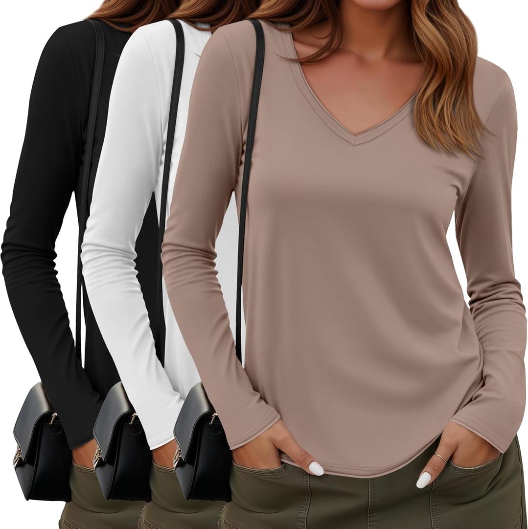 Sweetyweee 3 Pack Women's Long Sleeve Shirts Cotton V Neck Casual Tops Roll Hem Lightweight Basic Tee Soft 2026 Trendy Outfit (Large, Black, Khaki, White)