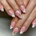 Flower Press on Nails Almond, French Tip Fake Nails, Spring Pink Tulip False Nails, Medium Length Acrylic Nails with Fragment Floral Designs, Glossy Glue on Nails for Manicure Decor