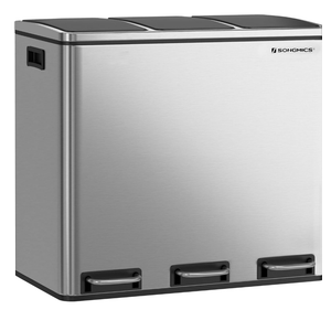 SONGMICS Garbage Can, 3 x 4.8 Gallon (3 x 18 L) Trash Can, Recycle Bin with Soft-Close Lids, Pedals, and Inner Buckets for Kitchen, Stainless Steel, Silver and Black ULTB54NL