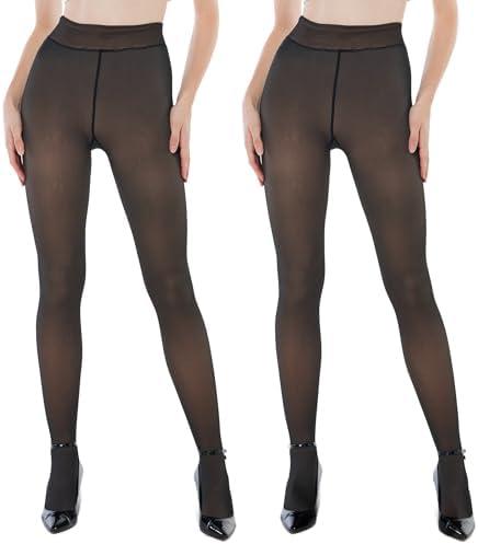 EXQUISLIFE Fleece Lined Tights Sheer Women - Fake Translucent Warm Pantyhose Leggings Sheer Thick Tights, for Winter 2 Pcs Regular Size Inseam 30", Length ~ 42", Waist 12"