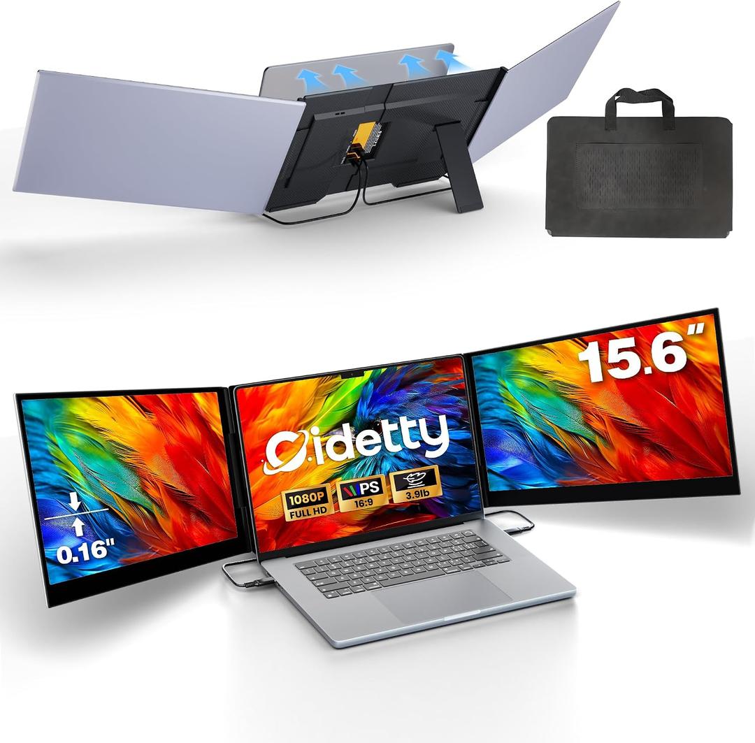 CIDETTY New Upgrad Laptop Screen Extender Monitor Portable, Ultra Light & Thin Triple Portable Monitor for Laptop 1080P FHD IPS Display for 13-17" Laptop, Plug & Play Compatiable with Win/Mac/Chrome