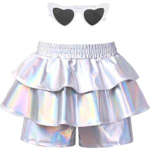 Girls Pleated Metallic Shorts Shiny Sparkle Ruffle Scooter Skater Dance Elastic Waist Rave Pants with Sunglasses for 4-5T